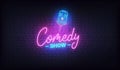 Comedy show neon template. Comedy lettering and glowing neon microphone Royalty Free Stock Photo