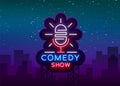 Comedy Show Stand Up invitation is a neon sign. Logo, Emblem Bright flyer, light poster, neon banner, brilliant night