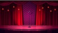Comedy theater empty stage, concert scene with red curtains drape on brick wall, lights