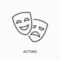 Comedy and tragedy masks flat line icon. Vector outline illustration of theatre drama, performance. Actors thin linear Royalty Free Stock Photo