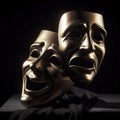 Comedy and tragedy masks reflecting joy and sadness on solid black background rim and atmosphere light. ai generative Royalty Free Stock Photo