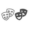 Comedy and tragedy masks, theatrical masks line and solid icon, theater concept, happy sad face vector sign on white Royalty Free Stock Photo