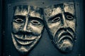 Comedy and tragedy steel masks painted in golden and dark blue colors