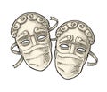 Comedy and tragedy theater disguises with medical masks. Vector engraving Royalty Free Stock Photo