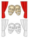 Comedy and tragedy theater masks. Vector engraving vintage color illustration Royalty Free Stock Photo