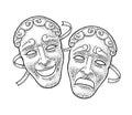 Comedy and tragedy theater masks. Vector engraving vintage black illustration Royalty Free Stock Photo