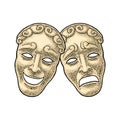 Comedy and tragedy theater masks. Vector engraving vintage color illustration Royalty Free Stock Photo