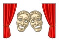 Comedy and tragedy theater masks. Vector engraving vintage color illustration Royalty Free Stock Photo