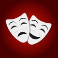 Comedy and tragedy theatrical masks. White theatrical masks on red background. Theater mask flat icon isolated Royalty Free Stock Photo