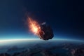 Comet or asteroid, meteor falling to planet Earth. Planet and big meteorite in the space, burning exploding asteroid in atmosphere Royalty Free Stock Photo