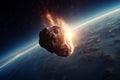 Comet or asteroid, meteor falling to planet Earth. Planet and big meteorite in the space, burning exploding asteroid in atmosphere Royalty Free Stock Photo