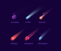 Comet asteroid and meteorite. Cartoon space objects. Atmospheric fireballs vector set Royalty Free Stock Photo