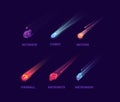 Comet asteroid and meteorite. Cartoon space objects. Atmospheric fireballs vector set