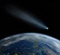 Comet, asteroid, meteorite flying to the planet Earth. Glowing asteroid and tail of a falling comet threatening the safety of the Royalty Free Stock Photo