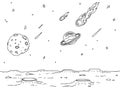 Comet and asteroids are falling on a planet`s surface with craters. Vector outline illustration, horizontally seamless