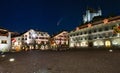 Comet C/2020 F3 Neowise in night sky over Town square with illuminated buildings and castle of Thun, Switzerland Royalty Free Stock Photo