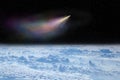 Comet flying in space over white clouds. Space landscape. Earth and comet Royalty Free Stock Photo