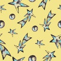Comets, planets, space stars. Seamless watercolor pattern on yellow background.