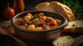 Comfort in a Crock Pot - Hearty Beef Stew and Crispy Toast. Generative AI Royalty Free Stock Photo