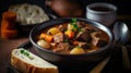 Comfort in a Crock Pot - Hearty Beef Stew and Crispy Toast. Generative AI Royalty Free Stock Photo