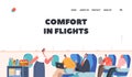 Comfort in Flights Landing Page Template. Stewardess with Trolley Serving People in Airplane. Crew and Passengers