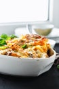 Comfort food baked pasta chicken ham cheese pumpkin Royalty Free Stock Photo