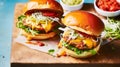 Comfort food and homemade meal recipe, burgers with meat and veggies for lunch or dinner on rustic board and blue table,