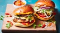 Comfort food and homemade meal recipe, burgers with meat and veggies for lunch or dinner on rustic board and blue table,