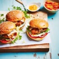 Comfort food and homemade meal recipe, burgers with meat and veggies for lunch or dinner on rustic board and blue table,