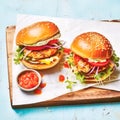 Comfort food and homemade meal recipe, burgers with meat and veggies for lunch or dinner on rustic board and blue table,