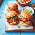 Comfort food and homemade meal recipe, burgers with meat and veggies for lunch or dinner on rustic board and blue table,