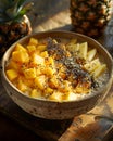 Comfort food macaroni and cheese in cassolette with pineapple backdrop Royalty Free Stock Photo