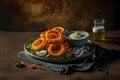 Comfort food: A plate of golden brown, crispy onion rings and dip, Generative AI Royalty Free Stock Photo