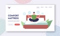 Comfort Mattress Landing Page Template. Relaxed Male Character Sitting in Lotus Posture on Bed with Orthopedic Mattress