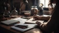 A writer penning their latest novel at a wooden desk in a cozy home office created with Generative AI Royalty Free Stock Photo