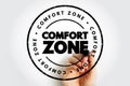 Comfort Zone is a psychological state in which a person feels at ease, text concept stamp