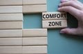 Comfort zone symbol. Concept word Comfort zone on wooden blocks. Businessman hand. Beautiful grey green background. Business and Royalty Free Stock Photo