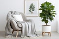 Comfortable armchair blanket houseplant and picture artwork. Generate Ai