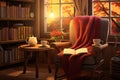 Comfortable armchair with a book and a cup of coffee in a cozy home interior, vintage home reading place, cozy living room Royalty Free Stock Photo
