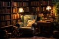 Comfortable armchair and bookshelf in a dark library, Escape to a bookworm\'s paradise with a cozy reading corner, complete