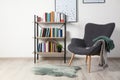 Comfortable armchair and shelving unit with different books