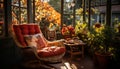 Comfortable armchair sits by window, surrounded by nature elegance generated by AI