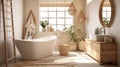 Comfortable bathroom with interior design in boho chic style, bathtub, vintage commode with mirror, wicker armchair