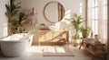 Comfortable bathroom with interior design in boho chic style, bathtub, vintage commode with mirror, wicker armchair