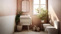 Comfortable bathroom with interior design in boho chic style, bathtub, vintage commode with mirror, wicker armchair