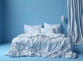 A comfortable bed with blue linen at home, a bedroom in a blue tone, comfort. Royalty Free Stock Photo