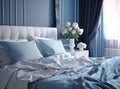 A comfortable bed with blue linen at home, a bedroom in a blue tone, comfort. Royalty Free Stock Photo