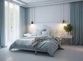 A comfortable bed with blue linen at home, a bedroom in a blue tone, comfort. Royalty Free Stock Photo