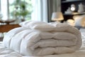 Comfortable bed decoration luxury white pillow and down comforter concept Royalty Free Stock Photo