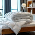 Comfortable bed decoration luxury white pillow and down comforter concept Royalty Free Stock Photo